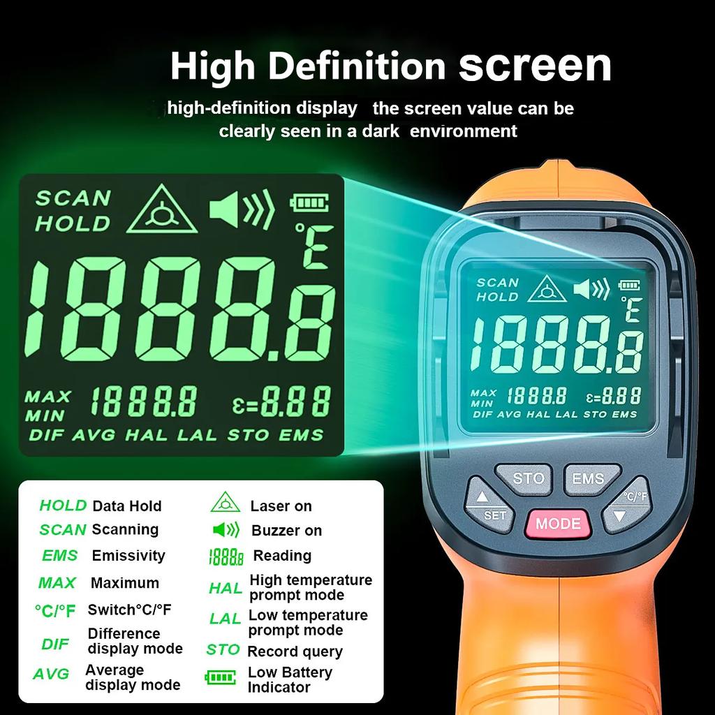 DT1000 DT1600 Infrared Thermometer Professional 13 Laser Points Non Contact Digital Pyrometer IR Temperature Gun High Temp Alarm