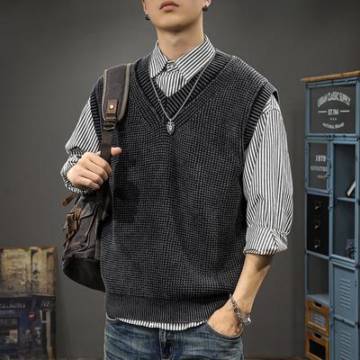 Winter Heavy Cotton Retro Knitted Vest Men's Sleeveless Sweater Loose Casual V-neck Vest