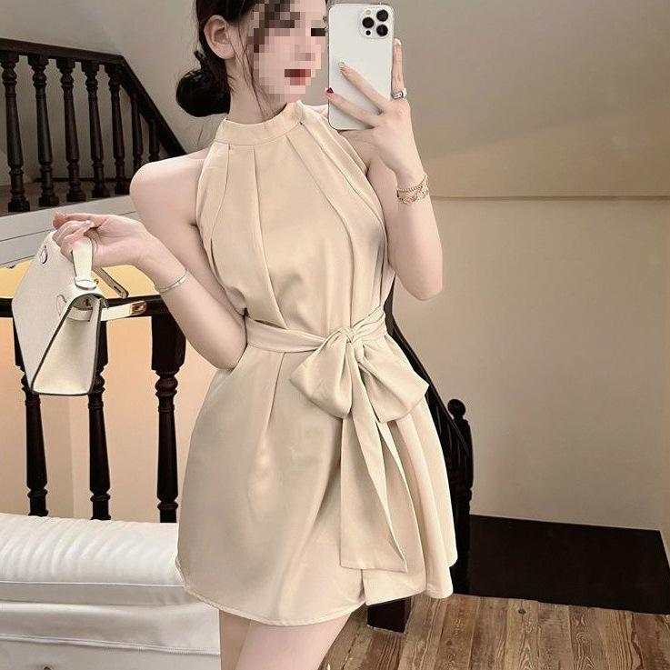 Elegant Black Off-Shoulder Halter Mini Dress - Women's Sleeveless Summer Style