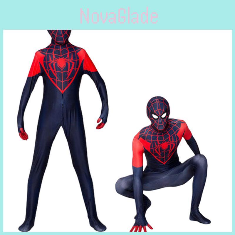 Costum Cosplay Spider-man Miles Morales Pentru Adulți Și Copii Salopetă Și Glugă din Fibră de Poliester Incluse