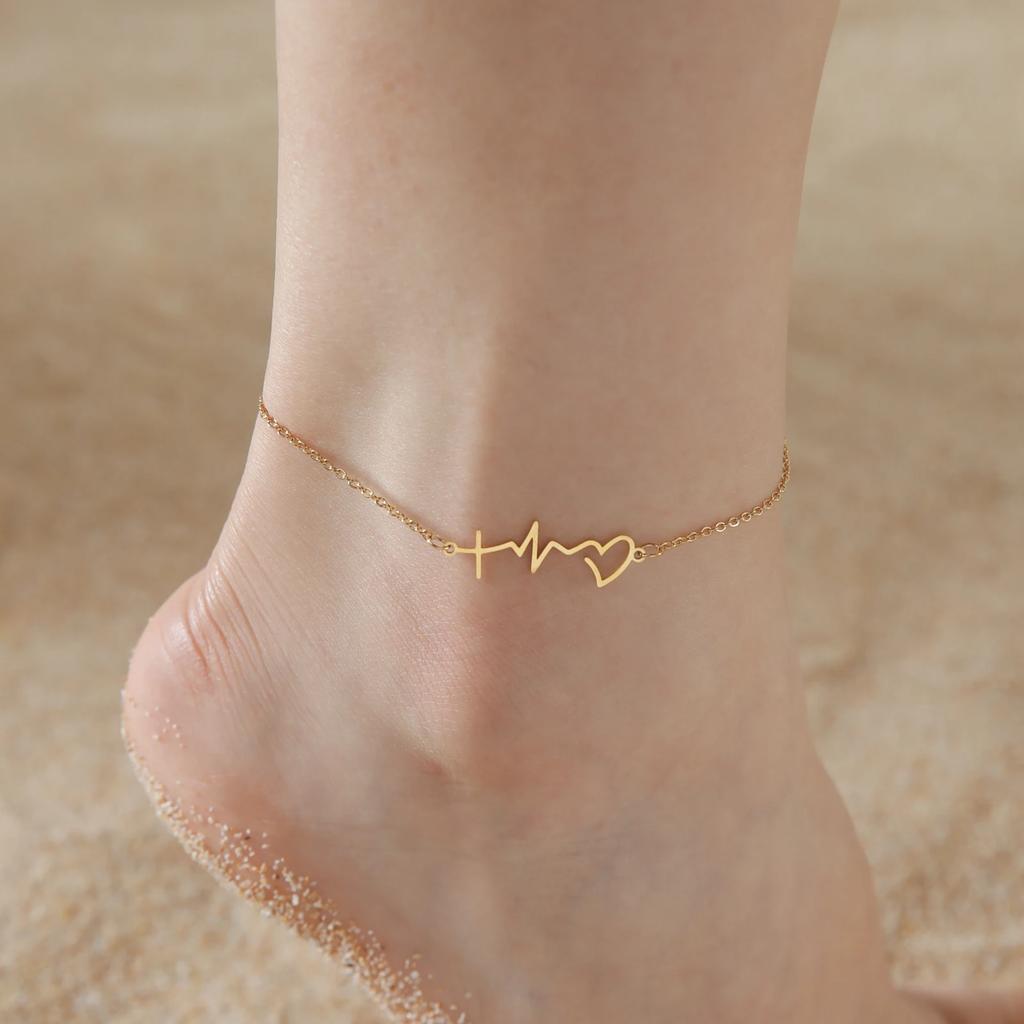 Winziger koreanischer Kettchen-Katzen-Charm-Fußkettchen für Damen, goldfarben, Blatt, Herzschlag, Kupferbeschichtung, Katzenpfoten-Charm, Sommer-Fußkettchenschmuck