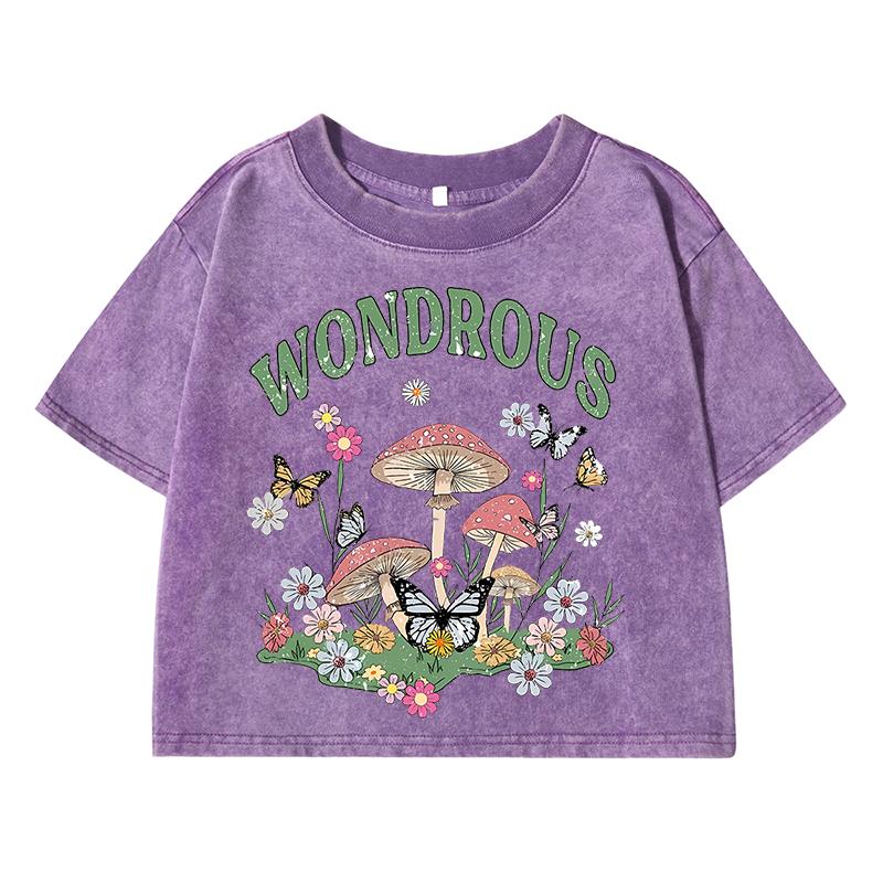 

Mushroom Gardenprint Female Washed Short Tshirt Breathable Summer T Shirt Fashion Distress Midriff-Baring Clothes Women M