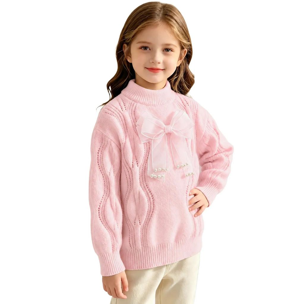 Girls' Fashion Cable Knit Pullover Sweater with, Neck Long Sleeve Top for Fall Winter Everyday Wear