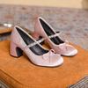 Pink Satin Bow Sweet Girl Mary Jane Single Shoes Thick Heel Not Tired Feet Bridesmaid Shoes 2025 Early Spring