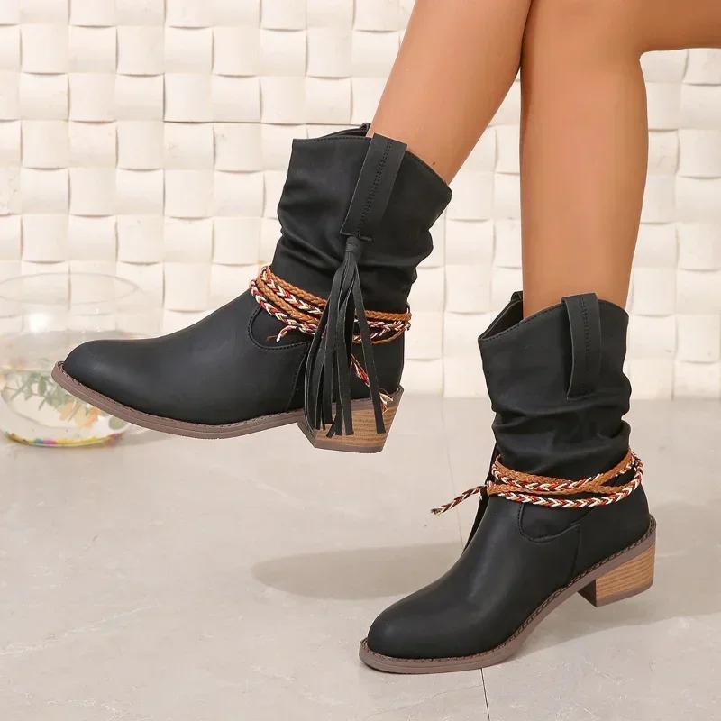 Frauen Plissee Chunky Stiefel Cowboy Mid Heels Chelsea Stiefel Herbst Winter Vintage Spitz Punk Chunky Motorrad Stiefeletten Boots55