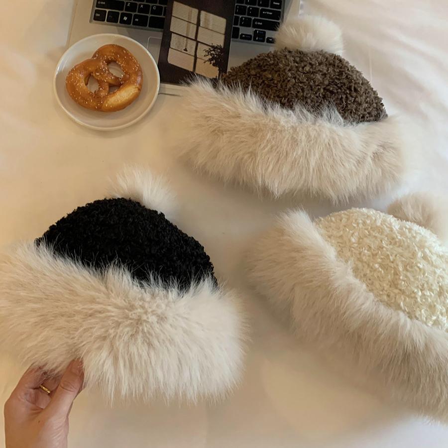 Big Head Circumference Antifreeze Ear Protection Hat Splicing Hairball Mongolian Hat Thickened Warm Knitted Fluffy Hat Women's Winter