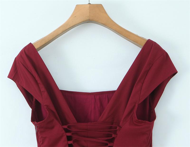Elegant French Square Neck Short Sleeve Tie-back Dress - Slimming Waist Mid-length Skirt for Summer Vacation