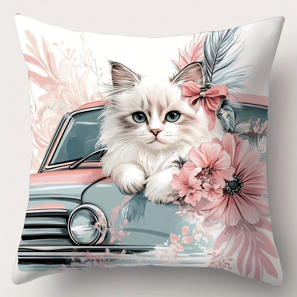 Cute Cat Floral Printed Cushion Pillow Home Decor Polyester Pillowcase, Sofa Decorative Cushion Cov Headboard Pillow