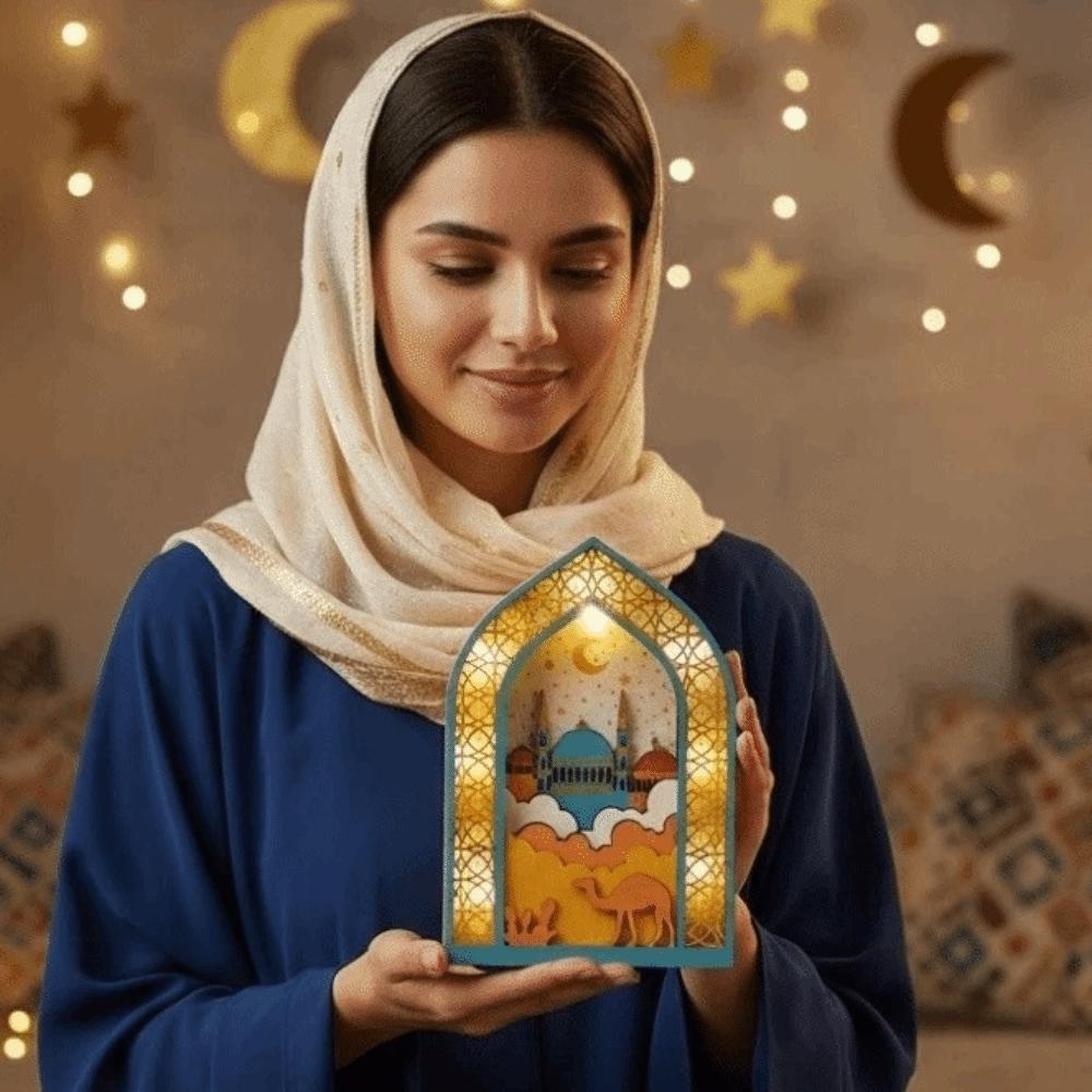 Creative Night Light Ornament LED Eid Wooden Decoration Handmade Eid Desktop Ornament  Scene Layout