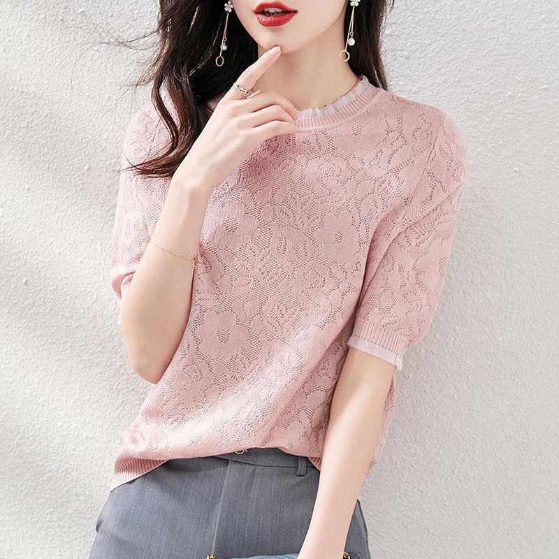 Lace Edge Knitted T-shirt for Women In Spring and Summer Hollow Hook Flower Loose Thin Knit Sweater