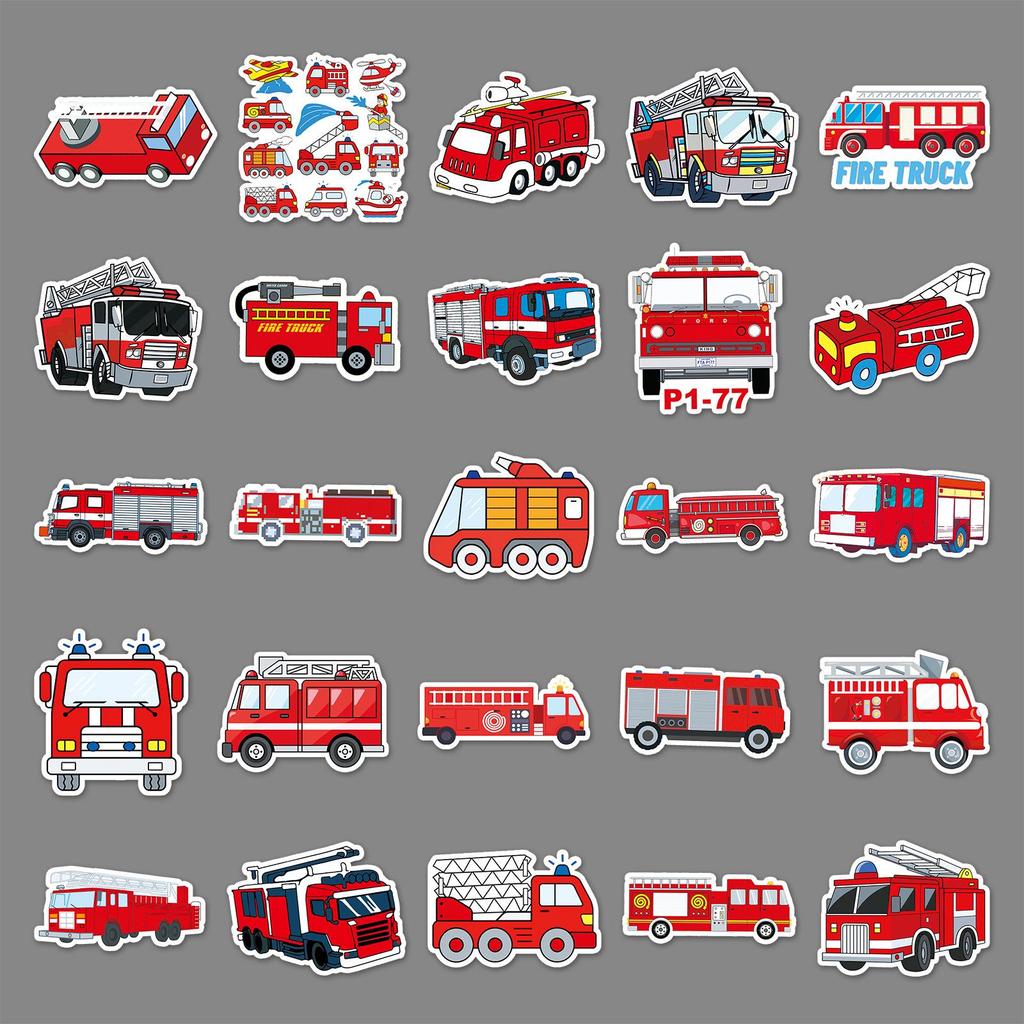 50 Fire Truck Graffiti Stickers - Cartoon, Waterproof, DIY for Children's Journals, Skateboards, & Luggage