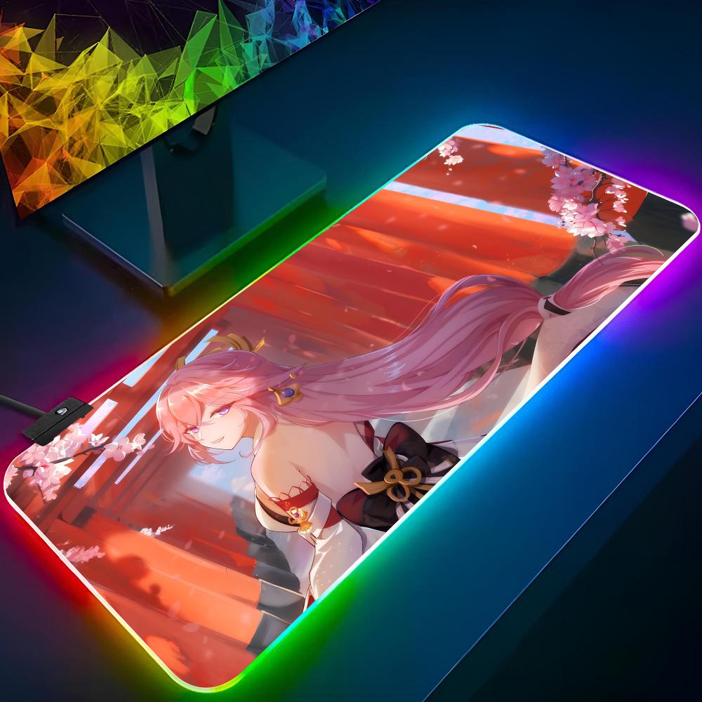 Yae Miko Genshin Impact Mouse Pad Gaming Rgb Mousepad Diy Printing Backlit Keyboard Gamer Girl Xxl Laptop Mat Table Pads Deskpad