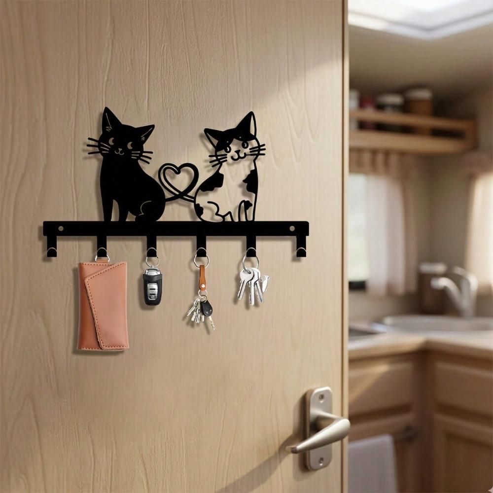 Double Cat Key Holder Wall Mount Metal Key Rack Heart Shape Black Storage Organizer for Hallway Entryway Corridor