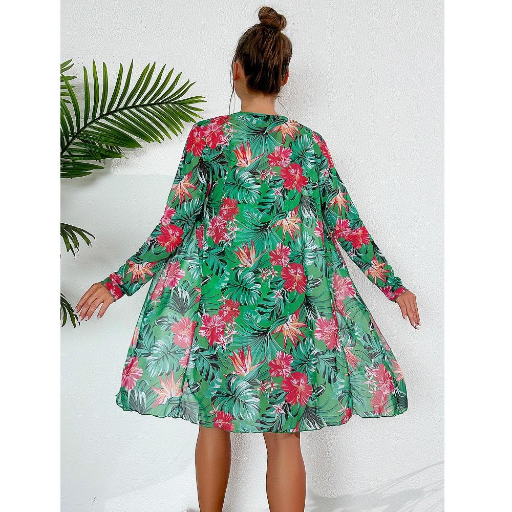 Kvinner tredelt bikinisett Høy midje shorts badedrakter Langermet utskrift Cover Ups Beach Biquinis feminino