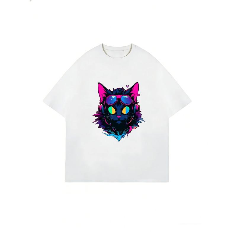 Oversized T Shirt Black Neon Cat With Sunglasses Print Casual Streetwear Fashion For Women
