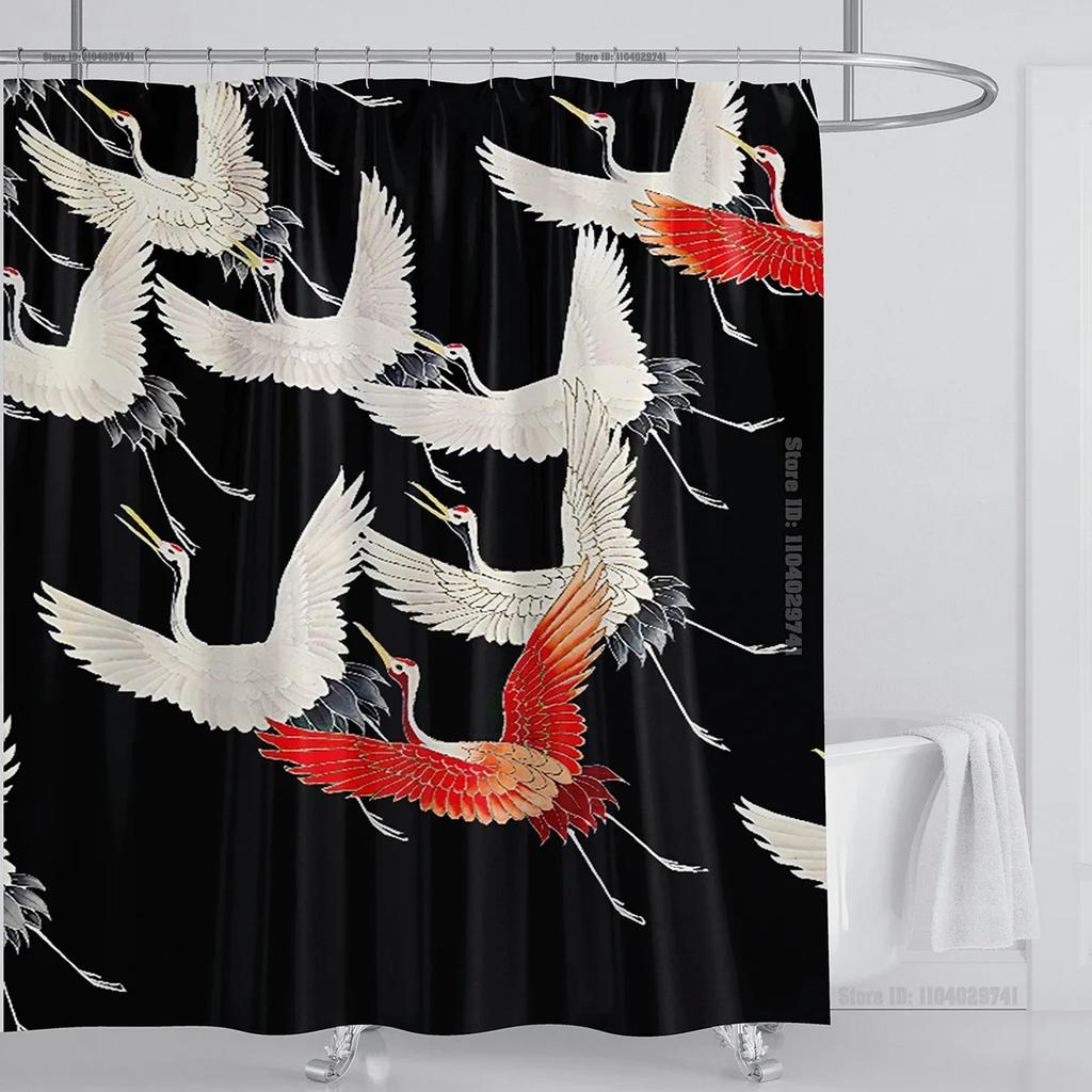 Graceful Crane & Black Background Waterproof Shower Curtain - Elegant Asian Art Design for Sophisticated Bathroom Decor