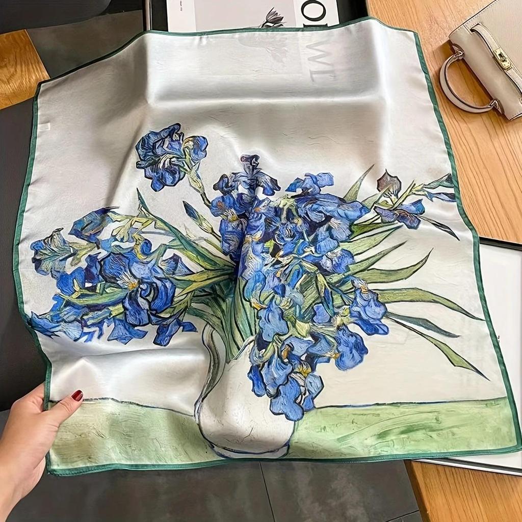 Women's Korean Style Retro Printed Imitation Silk Scarf for Professional and Casual Use