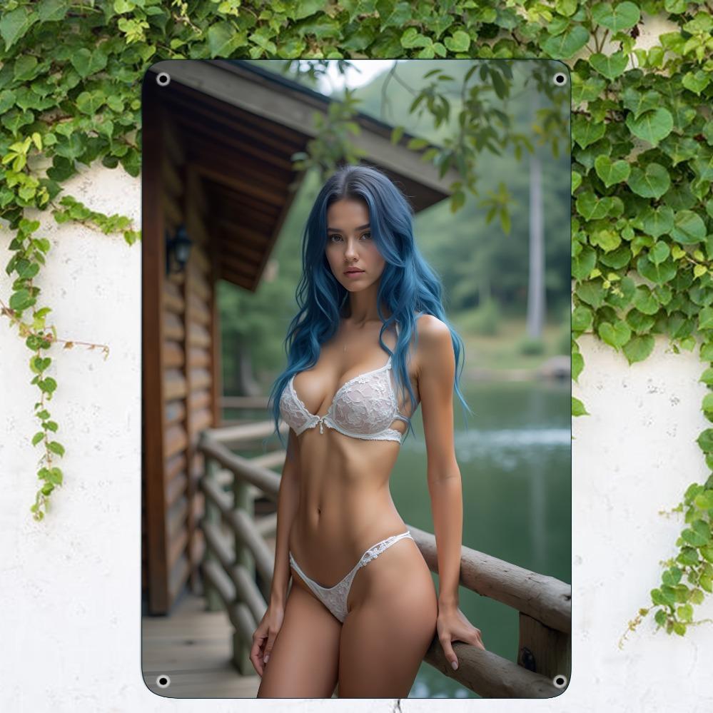 Vintage Metal Wall Art - Elegant Girl In White Lingerie 8x12 Inch Iron Plaque, Pre-Drilled for Home Bar Café Garage Decor, Ha