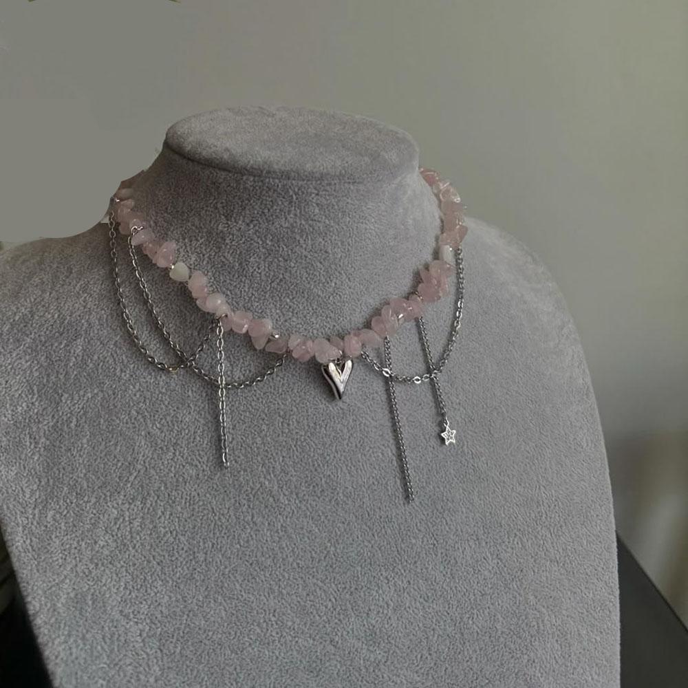 Irregular Choker Vintage Tassel Chain Heart Pendant Necklace For Women Female Natural Stone Vacation Beach Chain Gift N0550