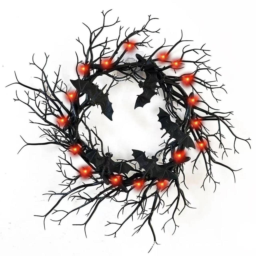 Dekoracja Halloween Wieniec Nietoperz Pająk Czarne Gałęzie Wieńce Z Czerwonym Fioletowym Światłem LED Wieniec Na Drzwi Okno Girlanda Kwiatowa