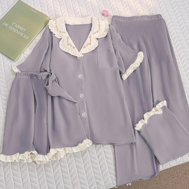 

Girls jacquard imitation cotton pajamas women s summer new short-sleeved simple lace loungewear three-piece set 2XL [Recommended 130-72.5 kg]