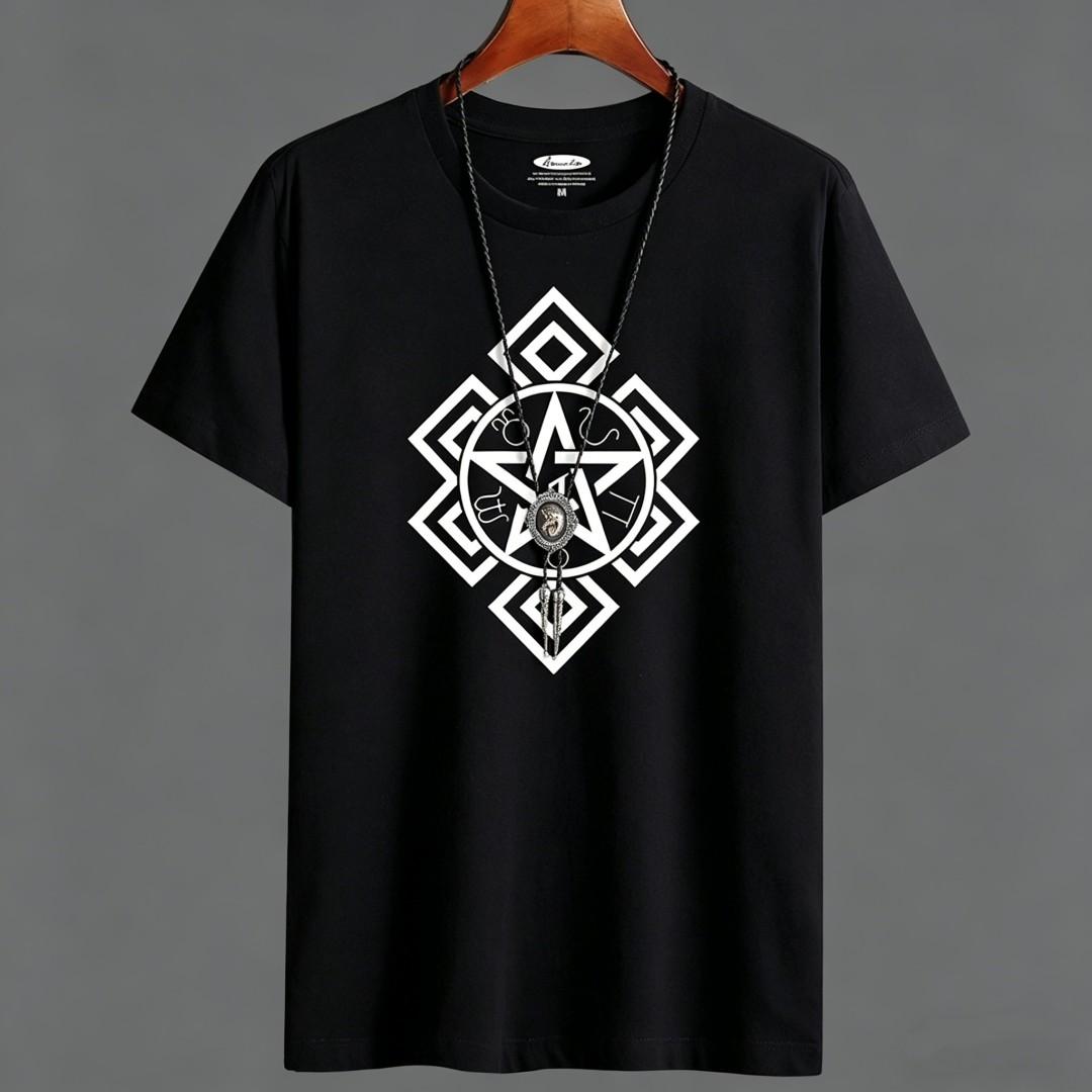 

Мужская футболка с геометрическим принтом 100% хлопок Большой размер Круглый вырез Короткий рукав Повседневная футболка M чёрный