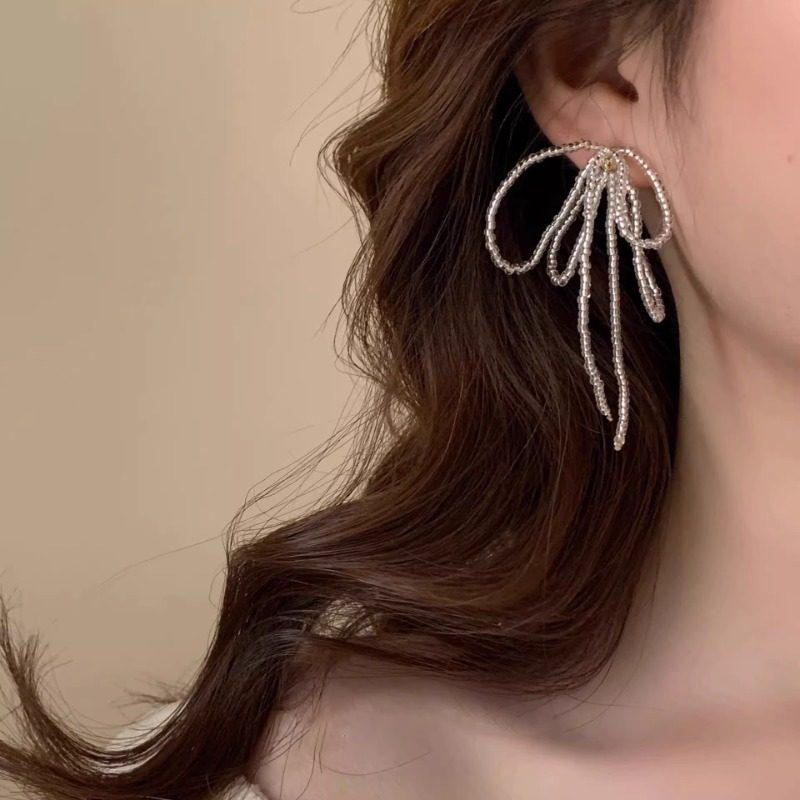 Gentle Temperament Beaded Bow Tassel Earrings - 925 Silver, Niche Design, Light Luxury, 2026 New Style