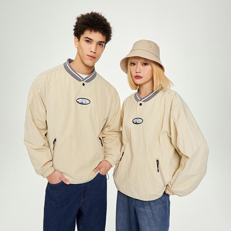 Comfortable Water-Resistant Baseball Collar Zip Pocket Fleece Sweatshirt Unisex Sweatshirt Beige LUT007256202051A03034