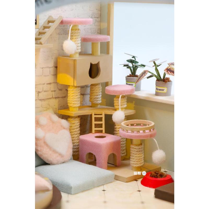 Lovely Cats Home Cat Cafe Store Dollhouse Wooden Diy Handmade Toys Hut 3D Assembled Puzzle Cat Cafe Small Garden Birthday Gifts for Children