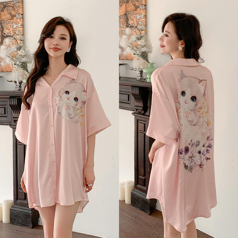 Ropa de Dormir Cómoda de Verano para Mujer Botones Delanteros Seda de Hielo Ropa para el Hogar Suelta Casual Estampada para Descansar