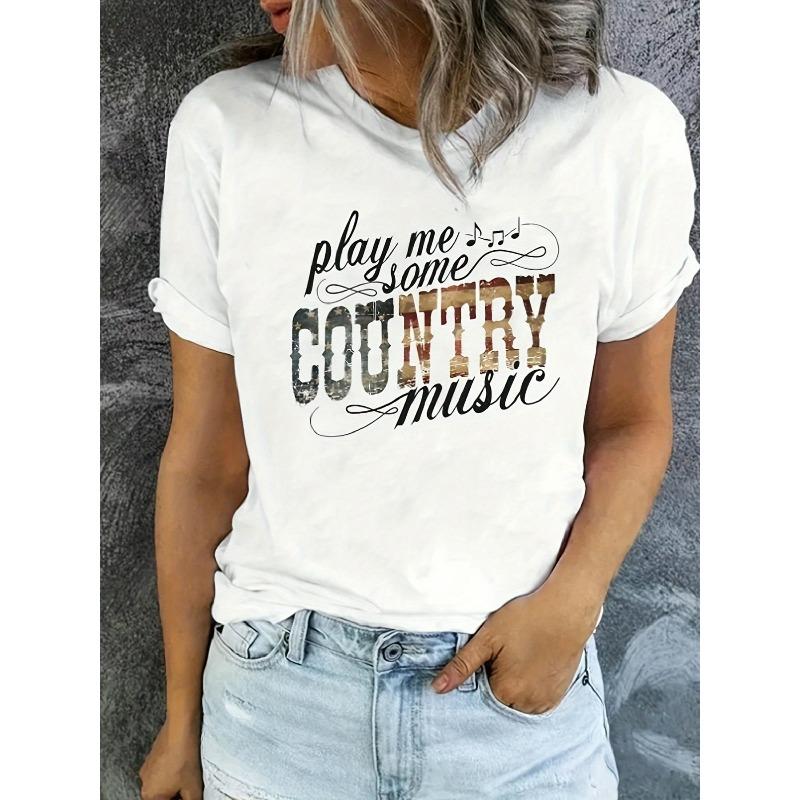 Country Music Lover Plus Size T-Shirt for Women - Stylish White Tee Featuring Play Me Some COUNTRY Music Print with Distressed Brownish-Black Text S белый