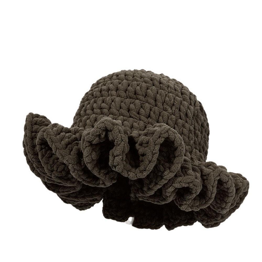 Sweet Ruffled Edge Fisherman Hat Cable Knit Winter Warm Bucket Hat Windproof Knitted Beanie  Women