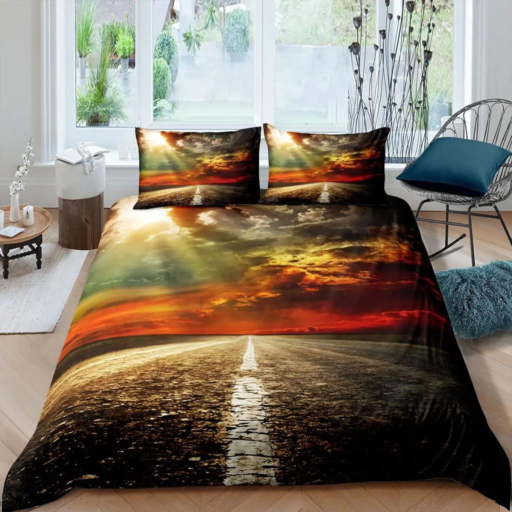 Highway Duvet Cover Set Tornado Lightning Bedding Set Disaster Queen King 2/3 Pcs Polyester Quilt Cover for Adults Boys Teens