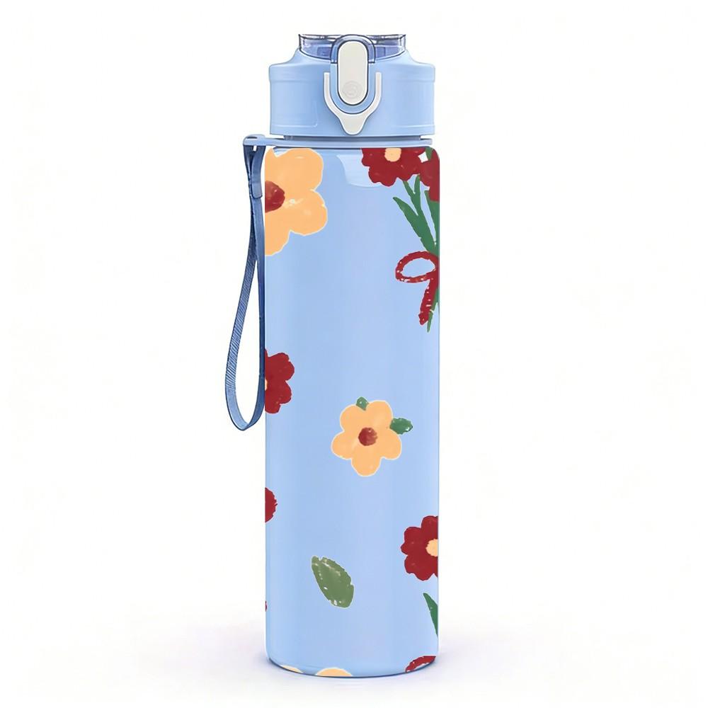 1PC Red Bouquet Flower Bow Decoration 750ml Color Plastic Sports Water Bottle Leakproof Flip Straw Lid Suitable for Sports Office Home Use