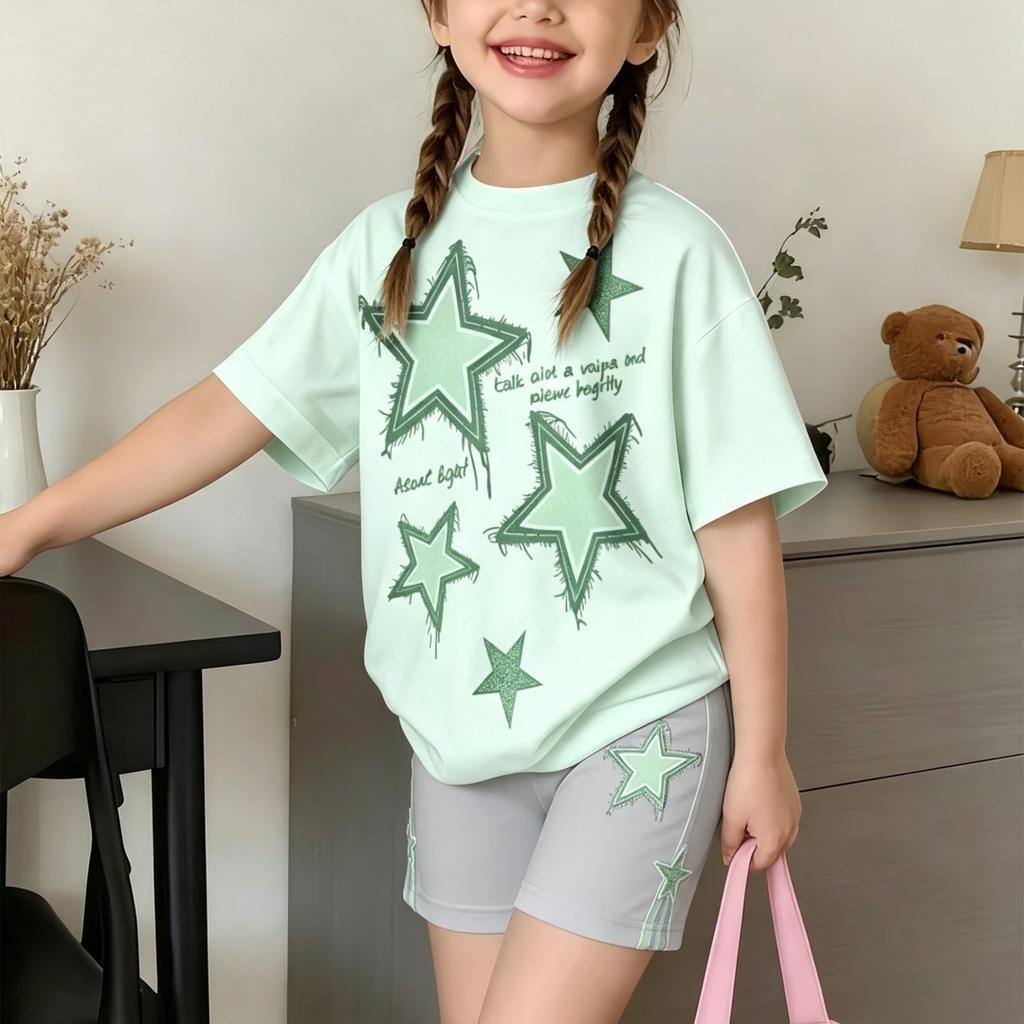 Modisches Shorts-Set für Mädchen Sternenprint Rundhalsausschnitt 2 Teile T-Shirt Sommer Lässig Kinder Outdoor Tägliches Schuloutfit Alter 7-13