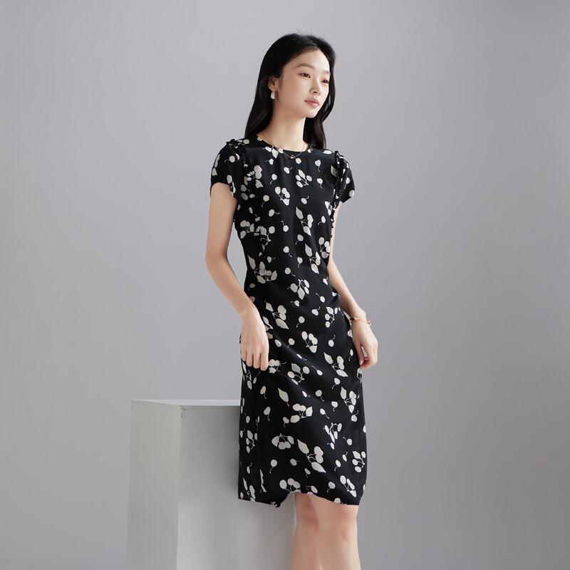 SOFSIL 2026 Summer 100% Mulberry Silk Black Floral Midi Dress L