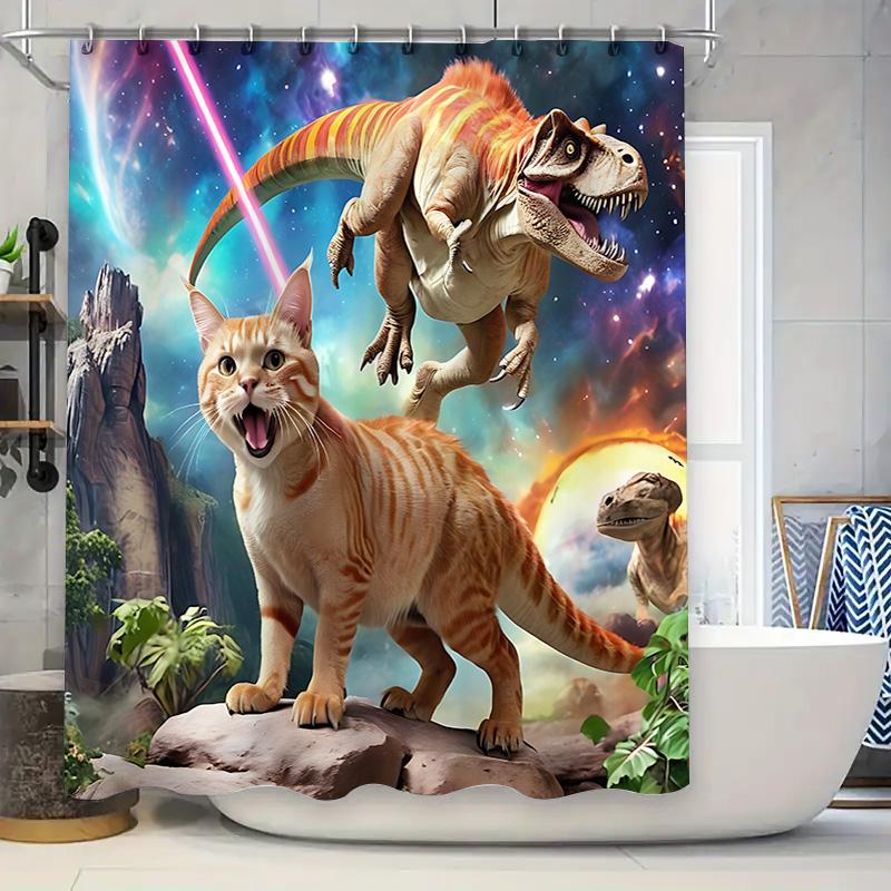 Creative Dinosaur Cat Pattern Waterproof Mold-proof Shower Curtain Home Decor Unique Design Stylish Bathroom Item Elevate Space