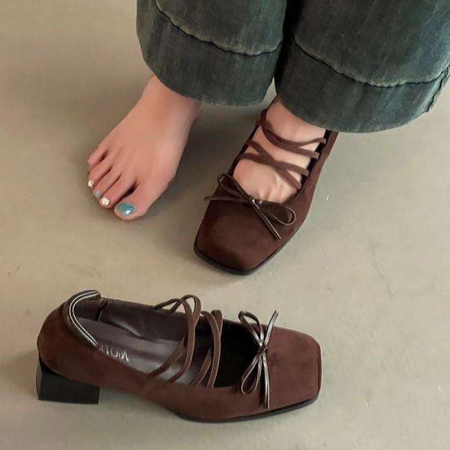 Bow Square Heel Women's Mary Jane Shoes Summer and Autumn French Dress Versatile Ballet High Heel Single Shoes Tide