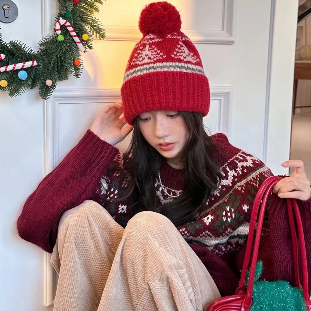Christmas Warm Knitted Hat New Year Red Festive Versatile Baotou Ear Protector Wool Hat