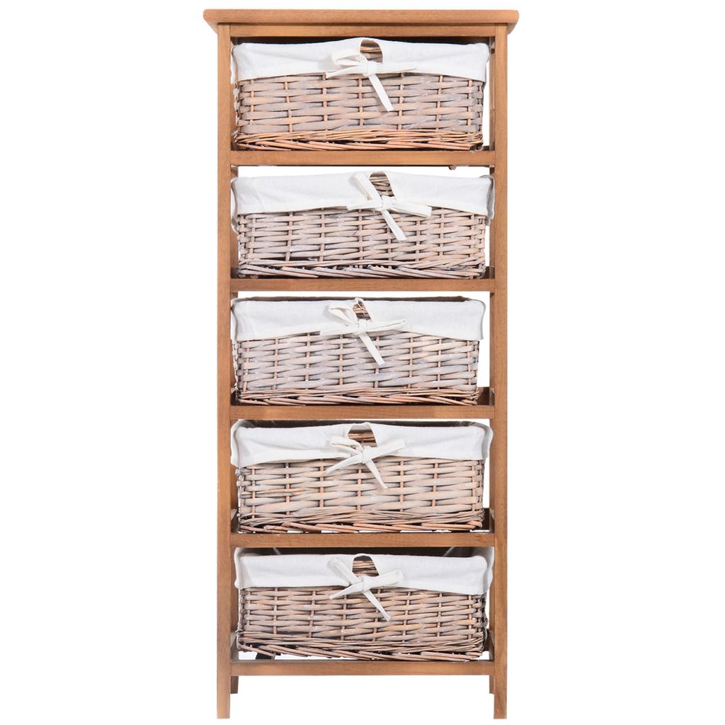 5 Drawer Dresser Wicker Basket Storage Shelf Unit Wooden Frame Home Organisation Cabinet Bedroom Office Furniture Natural Finish
