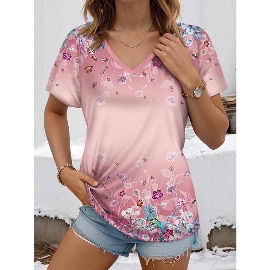 Vintage Women Floral Print T Shirt Short Sleeve V Neck Tops Comfortable T-shirts