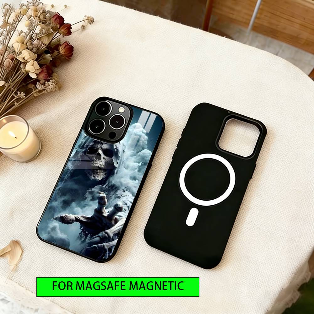 Grim Reaper Skull Skeleton Phone Case For iPhone17,16,15,14,13,12,11 Plus,Pro Magnetic with Magsafe Wireless Charging