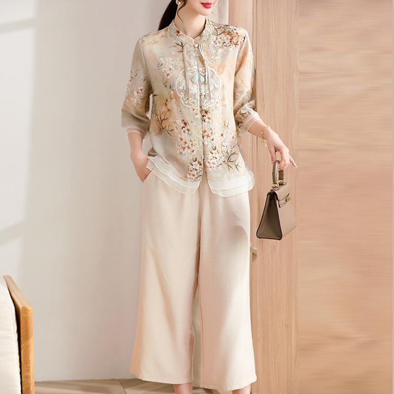 Women's Summer Style Chinese Style Set, Middle Aged and Elderly Chinese Style Shirt+Nine Fen Pants, Elegant and Stylish Two Piece Set