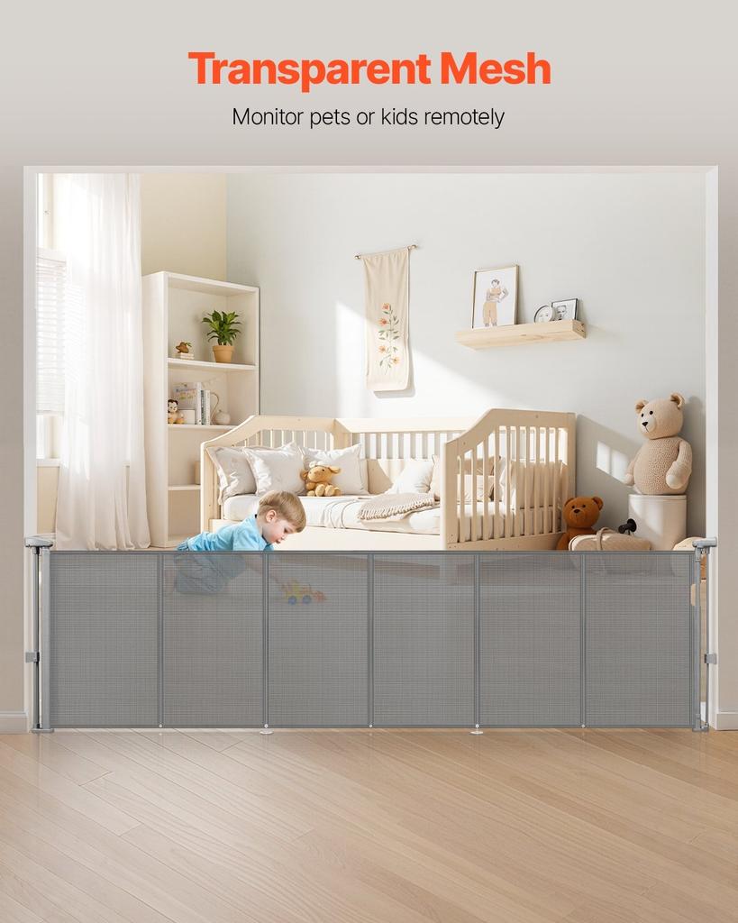 Retractable Baby Gate, 870 Mm Tall, Extends Up To 2800 Mm Wide, Retractable Gate for Kids or Pets, Mesh Material, Easy To Install for Indoor Stairs,