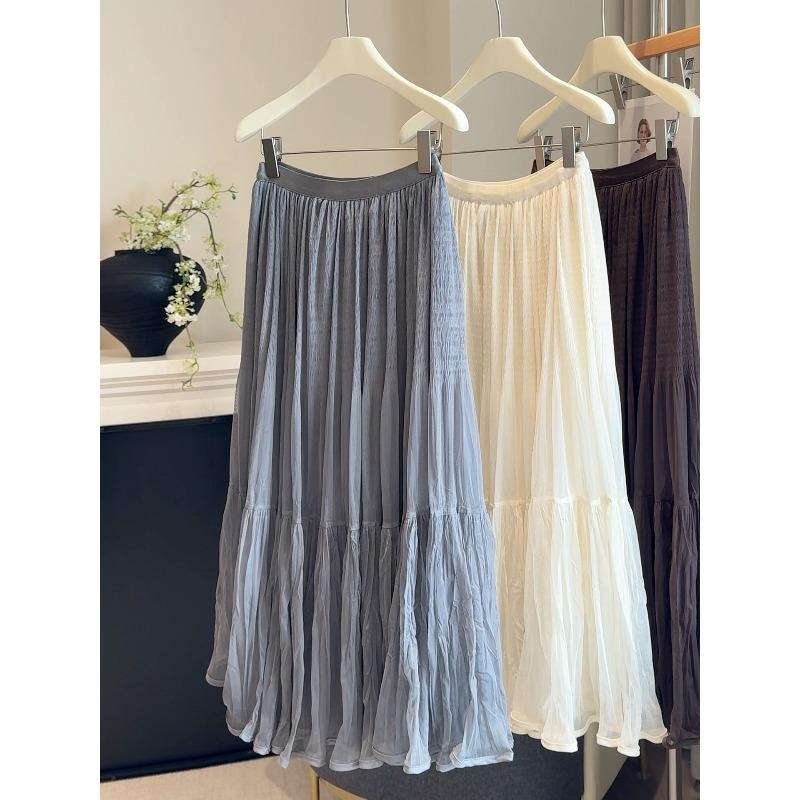 New high-end pleated mesh stitching A-shaped skirt women's autumn elastic waist solid color versatile medium and long fairy skirt