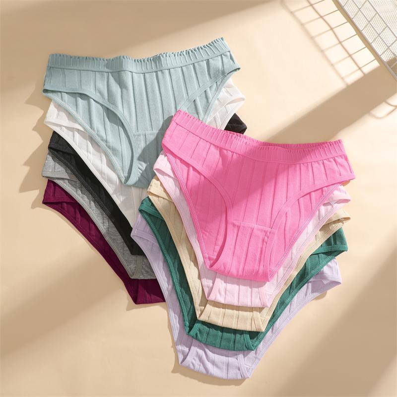 FINETOO 3Pcs/Set Cotton Striped Stretchy Underwear Women's Low Waist Panties Sexy Elastic Wide Belt Solid Color Briefs Comfort Lingerie