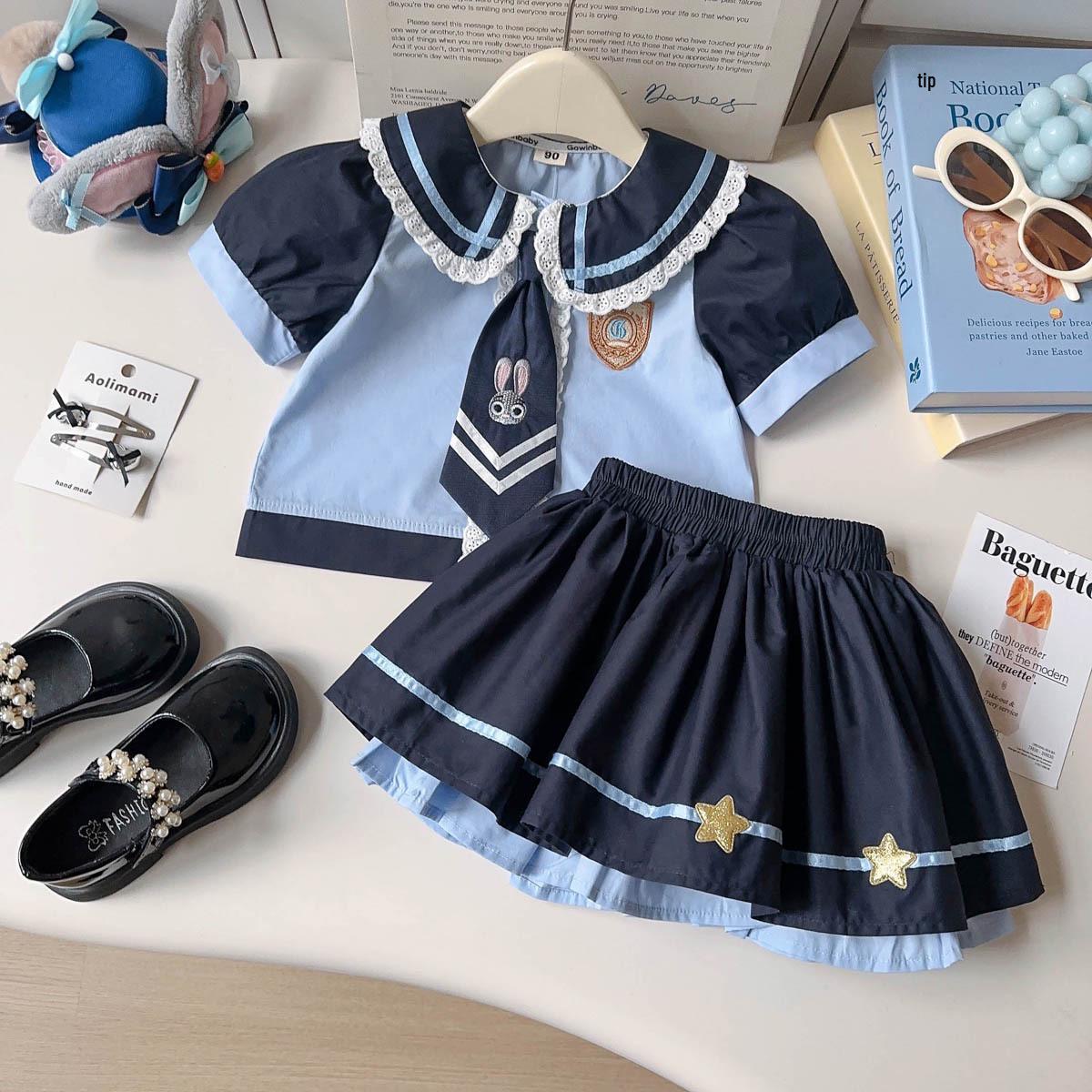 Girls  Summer Rabbit Officer Two-Piece Set: Star Embroidery Short-Sleeved Shirt & Skirt with Tie Size 120