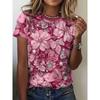Fashion Women's Crew Neck T-Shirt 3D Flower Color Printing Flower Short Sleeve Crew Neck Short Sleeve
