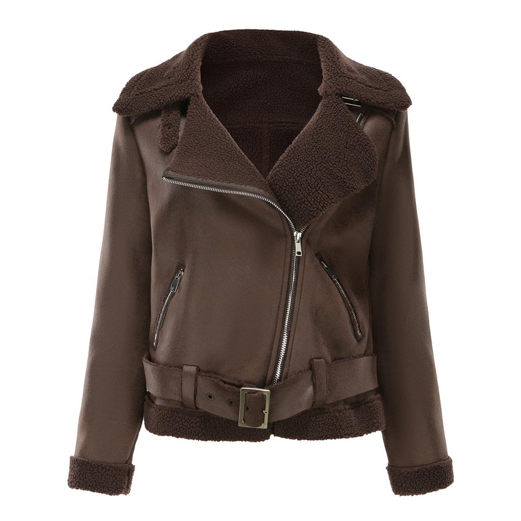 Damen Jacke mit integrierter Wärmeisolierung, Wildlederjacke mit Gürtel und Revers