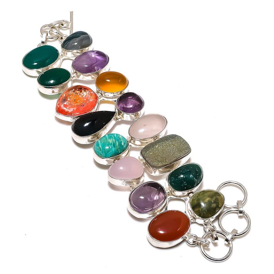 Sage Amethyst, Onyx Gemstone 925 Sterling Silver Jewelry Bracelet 7-8"